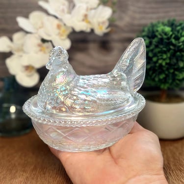 Crystal Carnival Glass Hen on Nest Chicken Candy Dish - Vintage Style Farmhouse Kitchen Decor, Depression Style Glass, Jewelry Box 