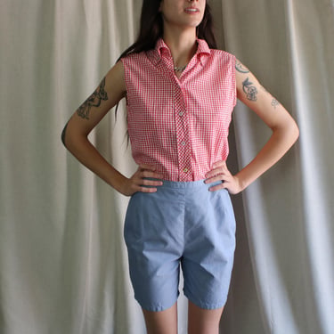 1960's Women's Blouse / Gingham Sleeveless Cotton Shirt / Vintage Women's Red and White 