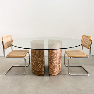 Vintage 70s Mid Century Modern Cork Pedestal Dining Table – Round Glass Top – Postmodern 80s Retro Minimalist – Seats 6 to 8 