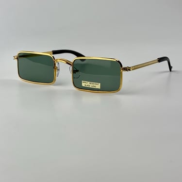 1960's~70's Rectangular MOD Sunglasses - Green Glass Lenses - Gold Frames - Dead Stock 