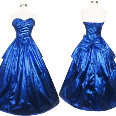 Vintage 80s Prom Dress XS S Party Gown Strapless Blue Metallic Lamé Foil Zum Zum Formal Ballgown Extra Small Best Queen Dance Gala Big BOW 