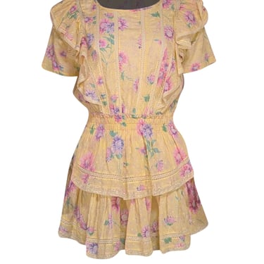 LoveShackFancy - Yellow Floral Print Ruffled Short Sleeve Mini Dress Sz XS