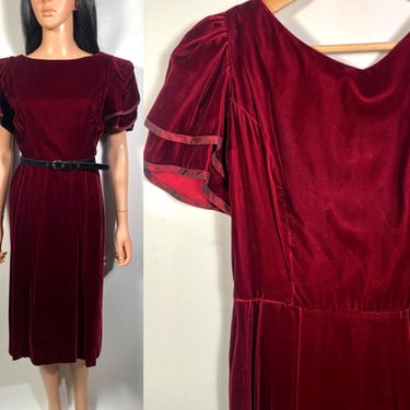 Vintage 80s Lanz Burgundy Velvet Puff Sleeve Holiday Party Dress Made In USA Size S/M 