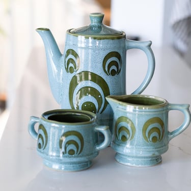 Vintage 1970s Japan Stoneware Teapot Set Retro Green Bullseye MCM Speckled Ceramic Tea Service Boho Kitchen Decor 
