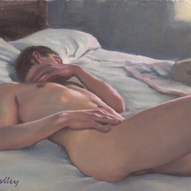 Man Sleeping - Archival Art Print from Original Oil Painting by Pat Kelley. Male Nude in Bed, Contemporary Realism 