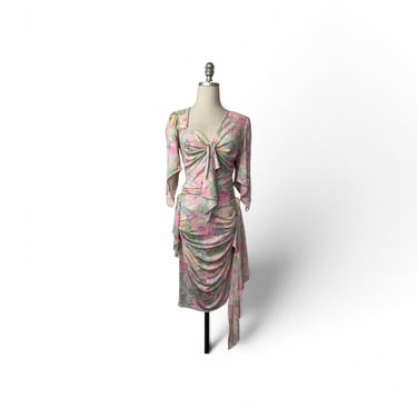 1980s Ungaro Paris Pastel Floral Ruched Tie Dress 