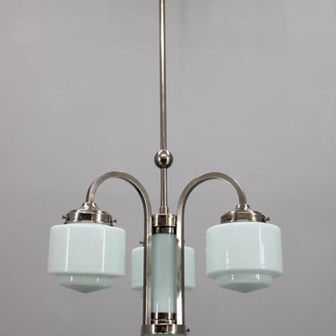 Art Deco Nickel Pendant with Light Blue Cylindrical Glass Shades, Restored 1930s 