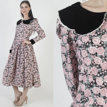 Jessica McClintock Rose Floral Dress, 80s Gunne Sax Tea Gown, Vintage Romantic Midi 
