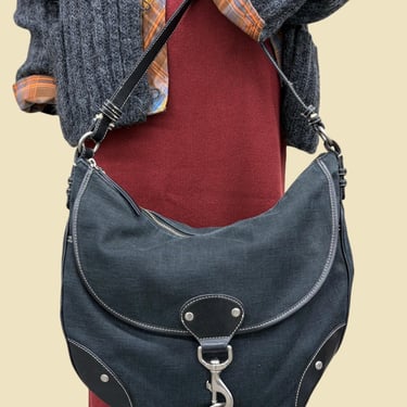 Vintage Lauren Ralph Lauren Mailbag Hobo Shoulder Bag Retro 2000s Y2K + Black Linen and Leather + Shoulder Strap + Swivel Hook Closure 