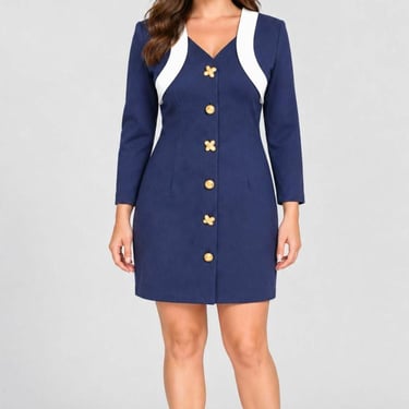 Vintage Navy Blue Button Front Dress Size Medium White Collar Gold Buttons 80s 90s 