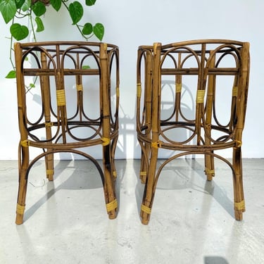 Vintage Plant Stands Retro 1970s Bohemian + Set of Two + Bamboo + Rattan + Plant Riser + Indoor + Bohemian Plant Display 