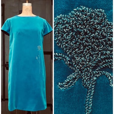 Vintage 1960s Teal Velvet Tent Dress with Hand Embroidered Floral Motif 