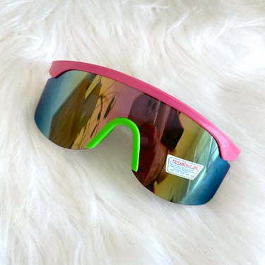 Vintage 90s Hot Pink and Neon Green Colorful Reflective Tint Shield Sunglasses 