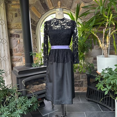 Vintage 1980s Black Lace Dress Lace Bodice and Flounce with Silky Skirt Kappi 
