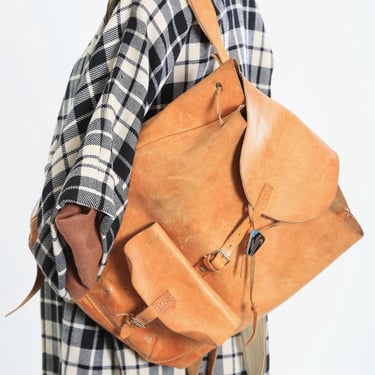 Vintage 60s Brown leather backpack | Polish distressed leather backpack 