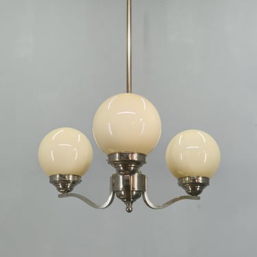 Art Deco Chandelier 1930s Nickel Glass Globe Pendant Vintage Ceiling Light 