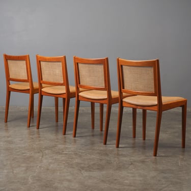 4 Karl Erik Ekselius Mid-Century Scandinavian Dining Chairs in Teak, Cane, and Tan Leather 