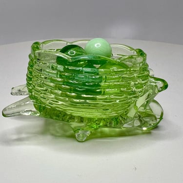Uranium Glass Wheelbarrow with Marbles 