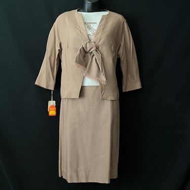 1960s Etruscan deer dress set vintage tan frock blouse and jacket small 