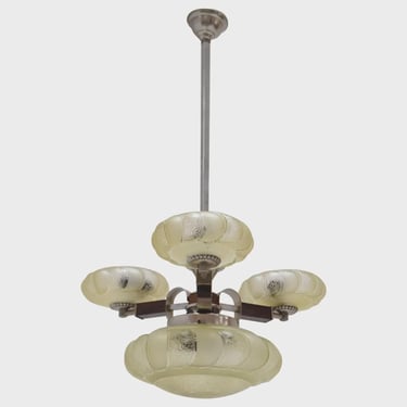Vintage Art Deco Chandelier Czechoslovakian Glass Wood Chrome Pendant Light 1930s 