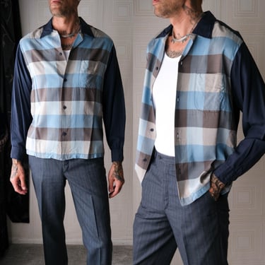 Vintage 60s CHRISTIAN DIOR Navy Blue Plaid Two Tone Loop Collar Silk Shirt  | 100% Silk | Rockabilly, Greaser | 1960s DIOR Designer Shirt 