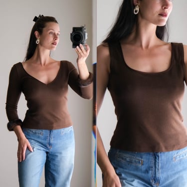 Vintage HEIDI WEISEL Deep Hazelnut Brown Cashmere Silk & Mink Two Piece Blouse Tank Set | Made in USA | Y2K 1990s Rare Designer Knit Sweater 