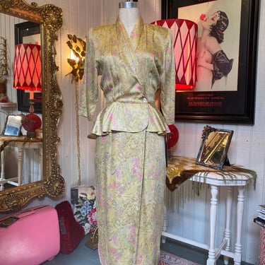 Vintage 1980s gold satin peplum dress 1940s style old hollywood med 80s does 40s 