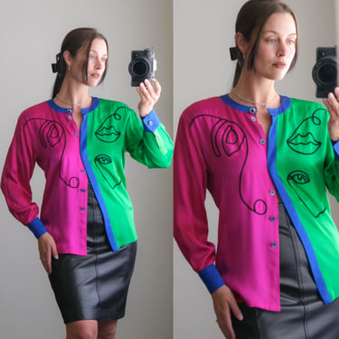 Vintage 90s ESCADA by Margaretha Ley Abstract Line Art Expressionist Portrait Liquid Silk Blouse | Made in Germany | 100% Silk | 1980s Top 