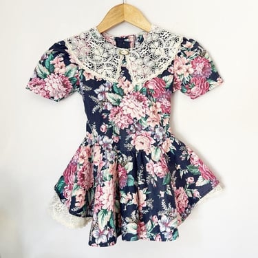 Size 6 Girls Oli Ola Floral Dress Navy Blue Lace Collar Vintage 90s Easter Kids 