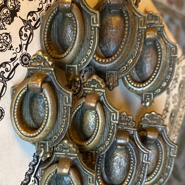 Antique Set of 8  two sizes, oval drop ring, swing bail, Dresser drawer pulls~ Federal Period~ stamped~ cast brass aged patina~old  hardware 