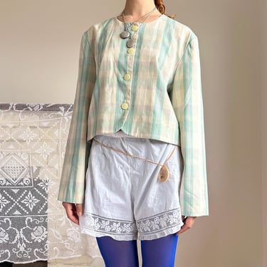 Vintage 90s Laura Ashley Plaid Linen Cropped Blazer, M-L 