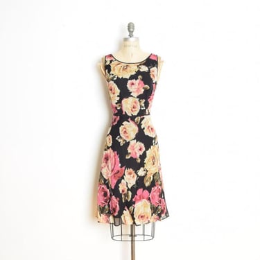 vintage Y2K dress silk cabbage roses floral print black pink cream Talbots M 