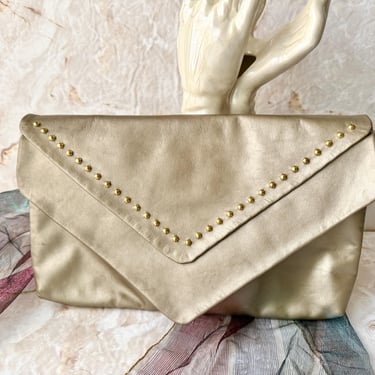 Metallic Leather Clutch, Gold Metal Studs, Crossbody Optional, Vintage Purse 