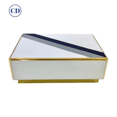 Custom Italian Art Design 2-Drawer Grey Blue Stripe White Glass Low Coffee Table