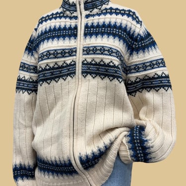 Vintage Lands' End Nordic Fair Isle Cardigan 1990s Retro Womens + No Size Tag + Wool + Cream/Blue/Black + Full Zip Front 