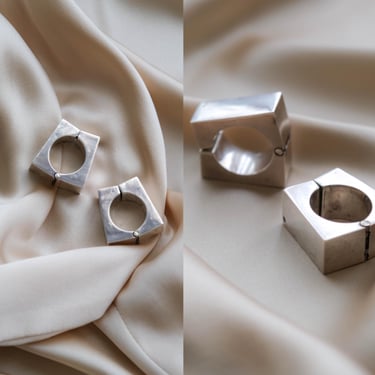 Vintage Modernist Sterling Silver Hinged Earrings | Brutalist Geometric Square Hoops | Sculptural Architectural .925 Statement Jewelry 