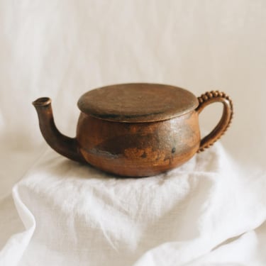 Vintage 1986 Studio Pottery Teapot Signed, Handmade Brown Stoneware Kettle with Beaded Handle, Sculptural Ceramic Tea Pot 