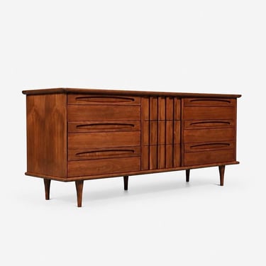 Mid Century Modern 9-Drawer Sculpted Walnut Dresser by American of Martinsville, c.1960’s 