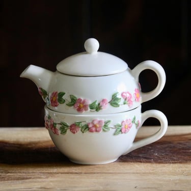 Vintage Franciscan Desert Rose Teapot & Cup, Retro Kitchenalia, Cute Single Serving Teapot w/ stacking Tea Cup, Collector Gift, Cottagecore 