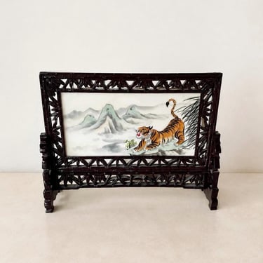 Vintage Reversible Chinese ceramic Table Screen, Tiger and Peacock Desk Art, Carved Wood Bamboo Frame, Asian Scholar Display Collectible 