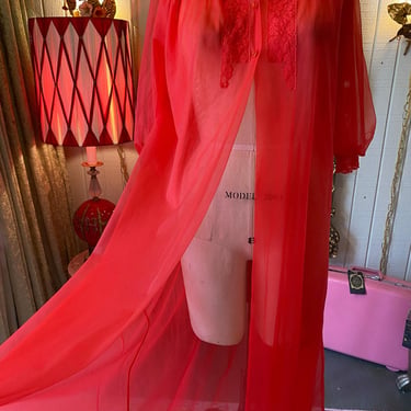 vintage 1960s sheer red chiffon dressing gown, 60s peignoir robe, pin up boudior 