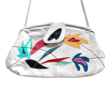 Vintage 1980s Bone Leather Convertible Clutch to Shoulder Bag, 80s New Wave Colorful Abstract Snakeskin Appliqué, VFG 