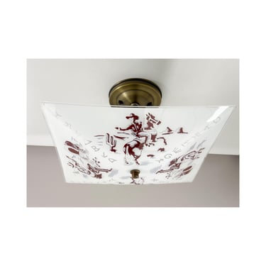 Mid Century Cowboy Rodeo Theme Glass Shade with Newly Built Antique Brass Fixture - Semi Flush Ceiling Light - 11.5