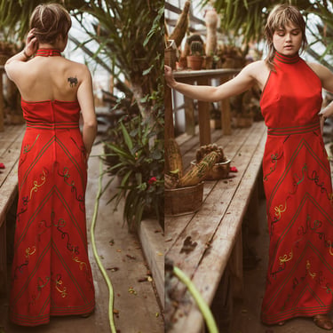 1970s Halter Maxi Dress, Vintage High Neck Floor Length Gown, 70s Fiesta Dress, Burnt Orange, RicRac Groovy, Prom Dress 
