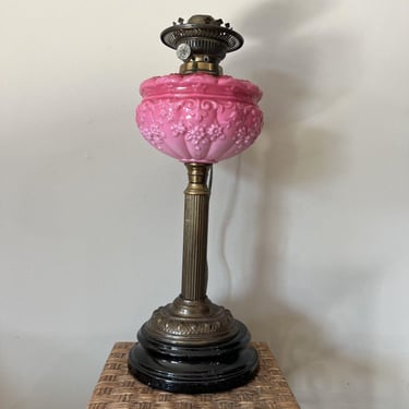 Antique Victorian Pink Cranberry Milk Glass Oil Lantern Electric Parlor Lamp 