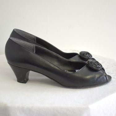 1970s Selby Black Rosette Peep Toe Heels, Size 7.5 AAA 