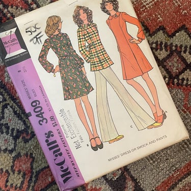 1970s Sewing Pattern Uncut Pleated midi dress smock bell bottoms McCalls 3409 XS 