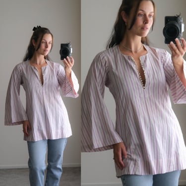 Vintage 70s Arabic KUNOOZ Tunic Blouse | Lavender Pink Green Striped Cotton Blend Top | Bell Sleeve Boho Caftan Shirt | Middle Eastern Style 