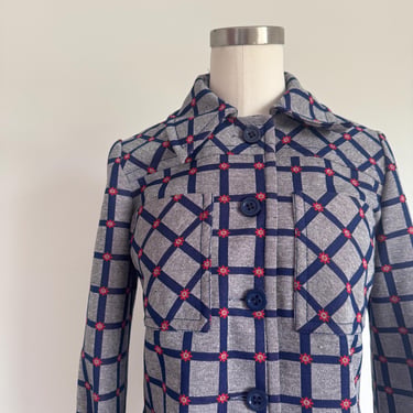 Vintage 70s Psychedelic Long Sleeve  Americana Floral Blouse Grid & Daisy Print; 70s Spring Mod Long Sleeve Fitted Blouse Wingtip Collar 
