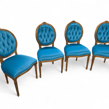 Antique French Louis XVI Style Carved & Gilded Tufted Medallion Back Dining Chairs Newly Reupholstered in a Italian Royal-Teal Mohair - Set of 4&nbsp;